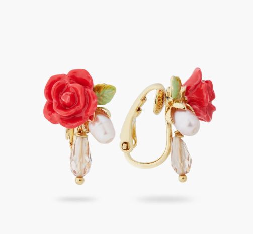 ROSE, CULTURED PEARL AND CRYSTAL DROP EARRINGS