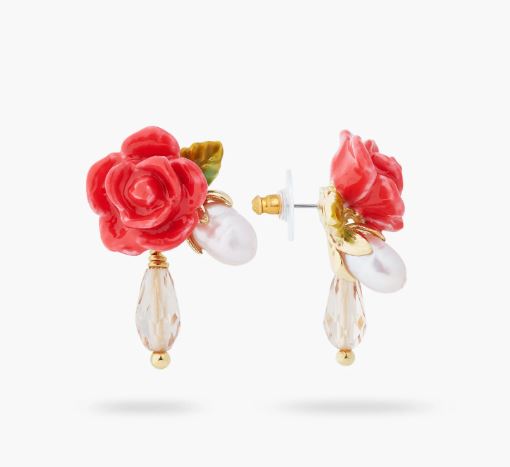 ROSE, CULTURED PEARL AND CRYSTAL DROP EARRINGS