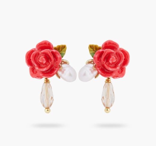 ROSE, CULTURED PEARL AND CRYSTAL DROP EARRINGS