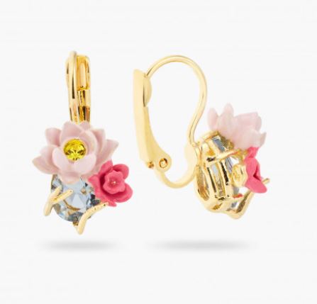 PINK LOTUS AND LIGHT BLUE STONE SLEEPER EARRINGS