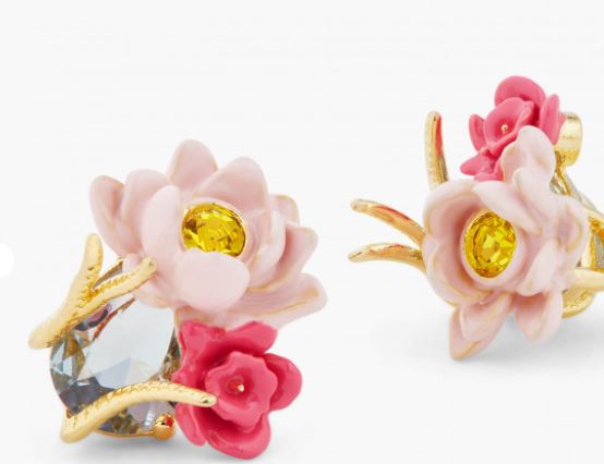 PINK LOTUS AND LIGHT BLUE STONE SLEEPER EARRINGS
