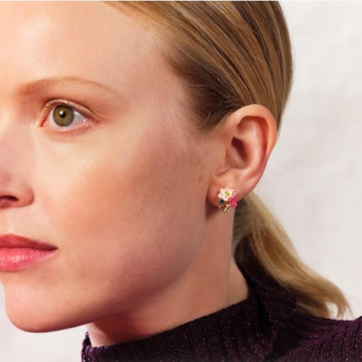 PINK LOTUS AND LIGHT BLUE STONE POST EARRINGS