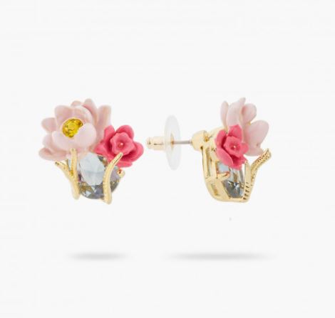 PINK LOTUS AND LIGHT BLUE STONE POST EARRINGS