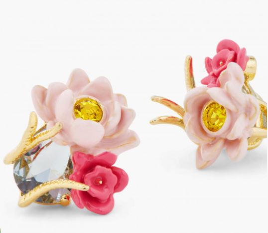 PINK LOTUS AND LIGHT BLUE STONE POST EARRINGS