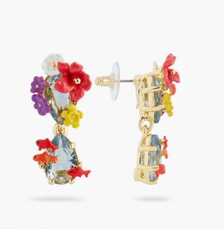 DOUBLE STONE, FLOWERS AND KOI FISH POST EARRINGS