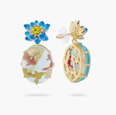 BLUE LOTUS, GLASS OVAL AND KOI FISH POST EARRINGS
