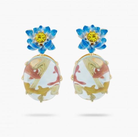 BLUE LOTUS, GLASS OVAL AND KOI FISH POST EARRINGS