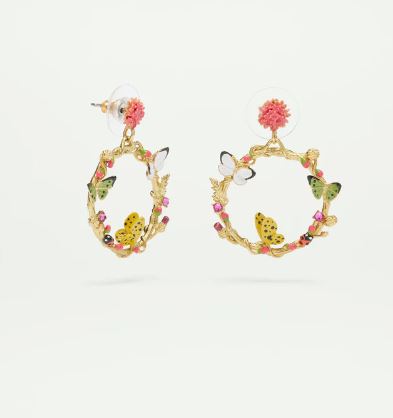 Enamelled butterfly and vegetal elements dangling post earrings