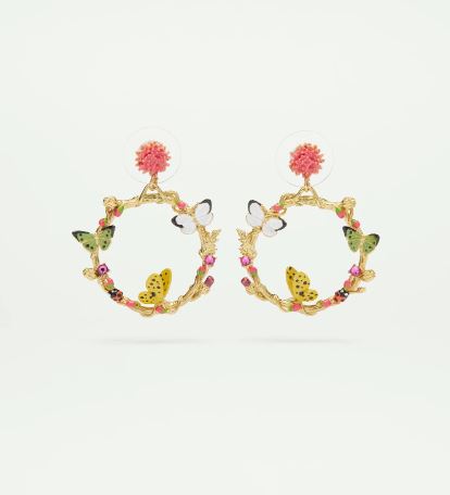 Enamelled butterfly and vegetal elements dangling post earrings