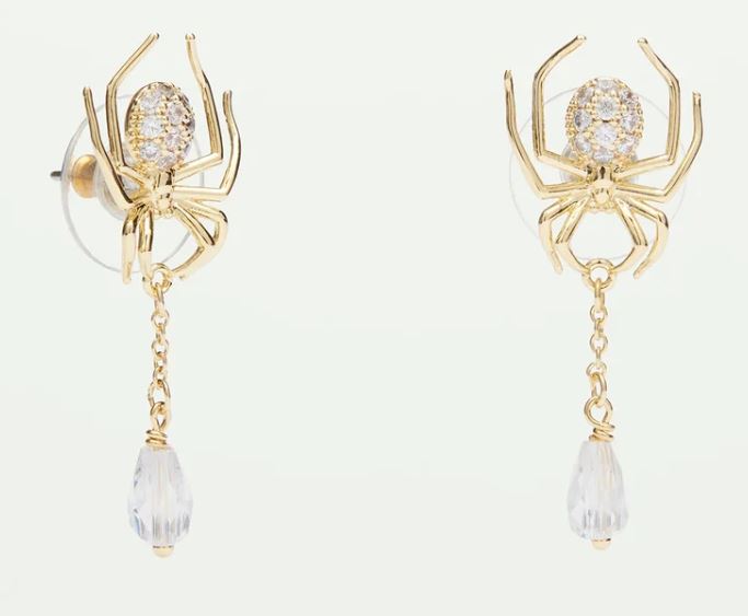 Golden spider and cut glass dangling earrings