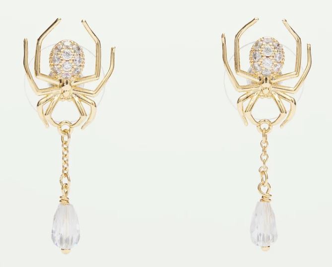 Golden spider and cut glass dangling earrings