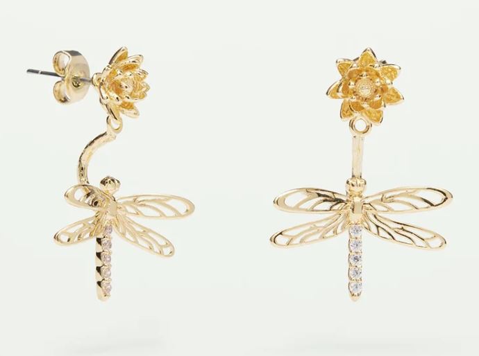 Dragonfly, flower and crystal dangling post earrings