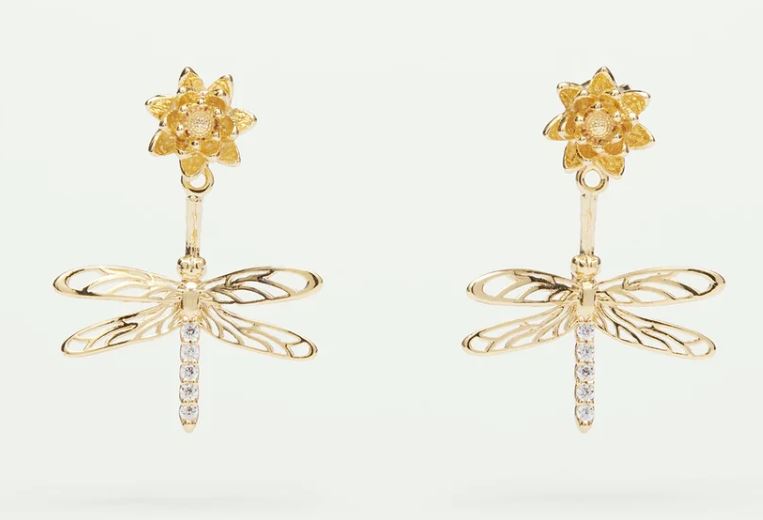 Dragonfly, flower and crystal dangling post earrings