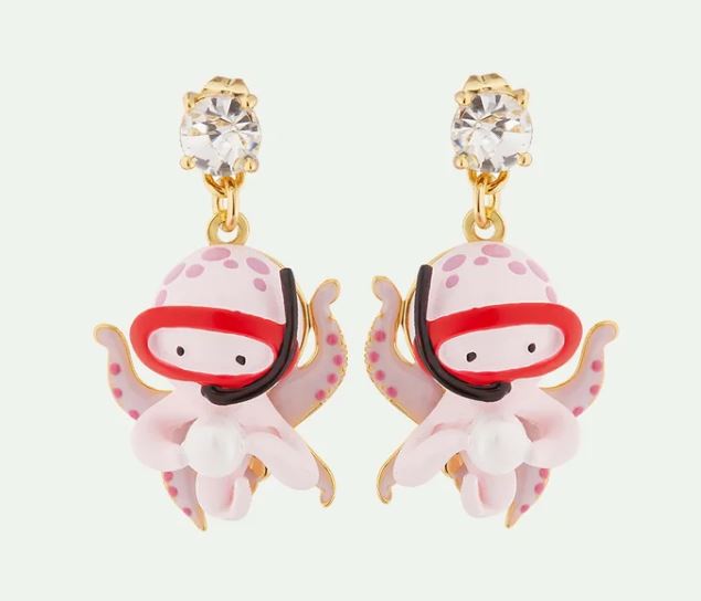 Octopus, pearl and cut stone post earrings