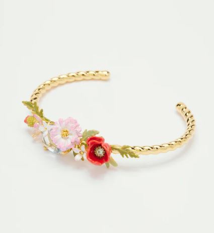 Poppy, daisy and blue cut glass stone bangle bracelet