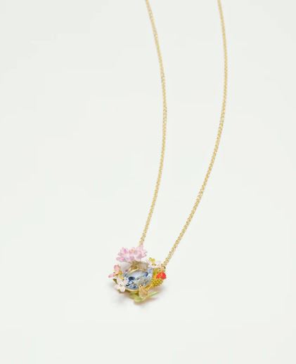 Poppy, daisy and blue cut glass stone pendant necklace