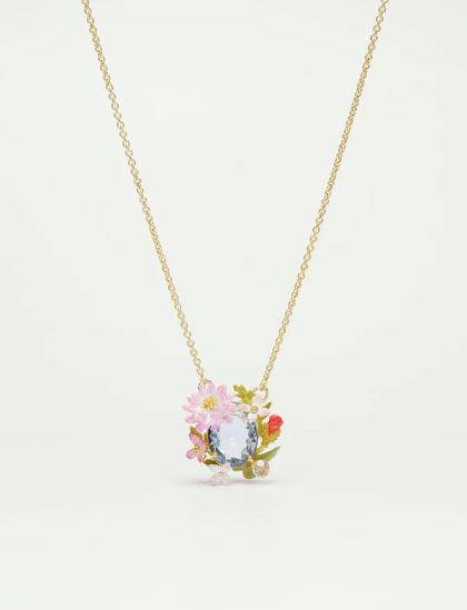 Poppy, daisy and blue cut glass stone pendant necklace