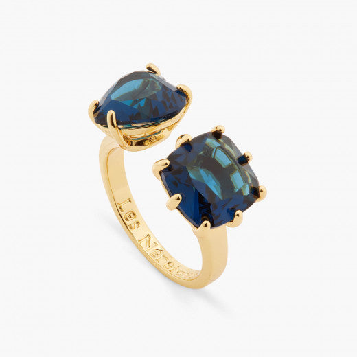 OCEAN BLUE DIAMANTINE HEART AND SQUARE STONE YOU AND ME ADJUSTABLE RING