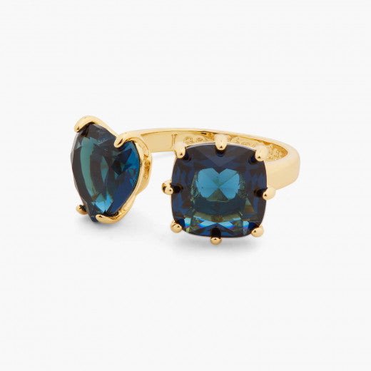 OCEAN BLUE DIAMANTINE HEART AND SQUARE STONE YOU AND ME ADJUSTABLE RING