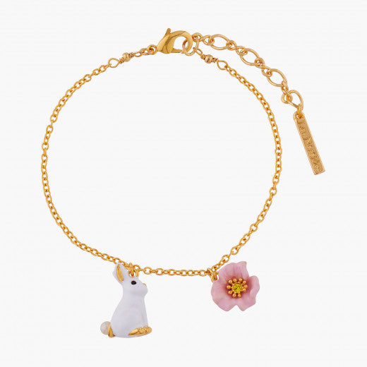 RABBIT AND PINK FLOWER THIN CHAIN BRACELET