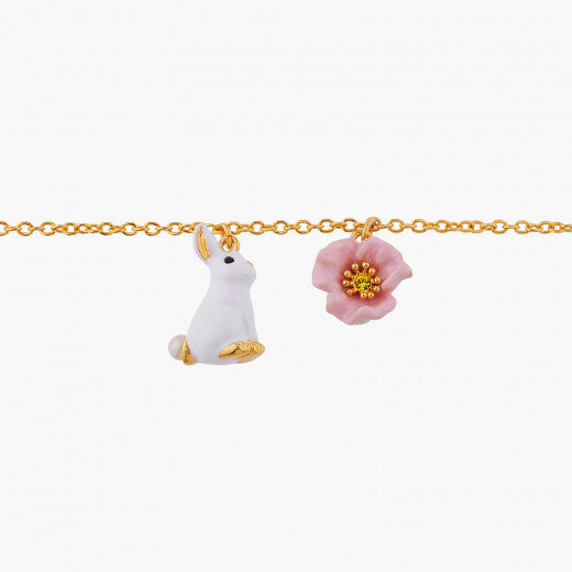 RABBIT AND PINK FLOWER THIN CHAIN BRACELET
