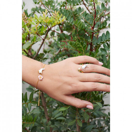 RABBIT AND PINK FLOWER THIN CHAIN BRACELET