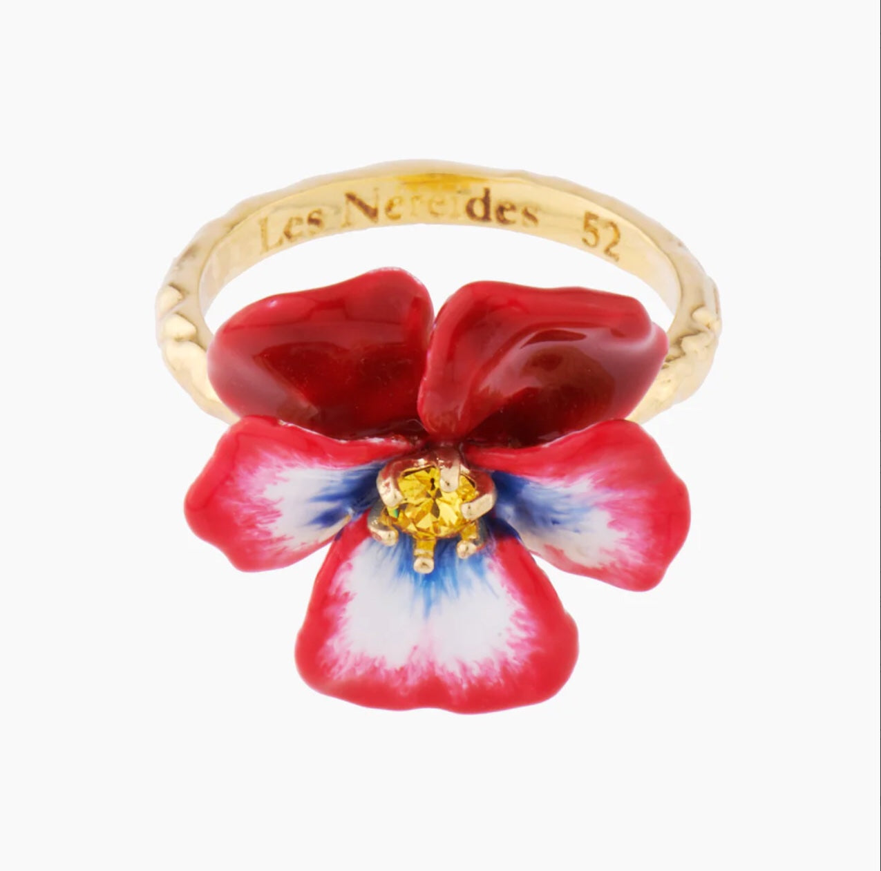 Red Pansy and Faceted Crystal Cocktail Ring