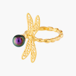 SMALL DRAGONFLY AND IRIDESCENT PEARL ADUSTABLE RING