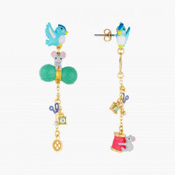 BIRD, MOUSE, WOOL, SCISSORS, BUTTON, SPOOL OF THREAD AND FACETED GLASS POST EARRINGS