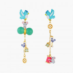 BIRD, MOUSE, WOOL, SCISSORS, BUTTON, SPOOL OF THREAD AND FACETED GLASS POST EARRINGS