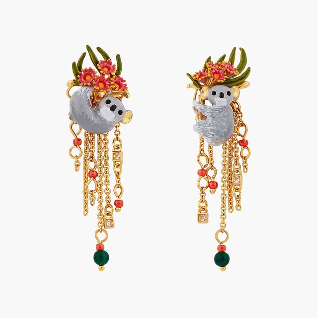 Duo of Koalas, Pink Eucalyptus and malachite beads sleeper earrings
