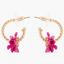 TWISTED HOOPS AND PINK FLOWER POST EARRINGS