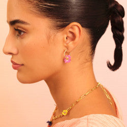 TWISTED HOOPS AND PINK FLOWER POST EARRINGS