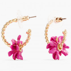 TWISTED HOOPS AND PINK FLOWER POST EARRINGS
