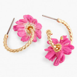 TWISTED HOOPS AND PINK FLOWER POST EARRINGS