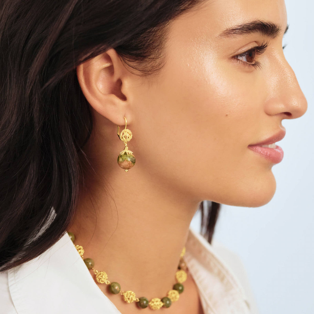 JASPER AND GOLD BEAD SLEEPER EARRINGS