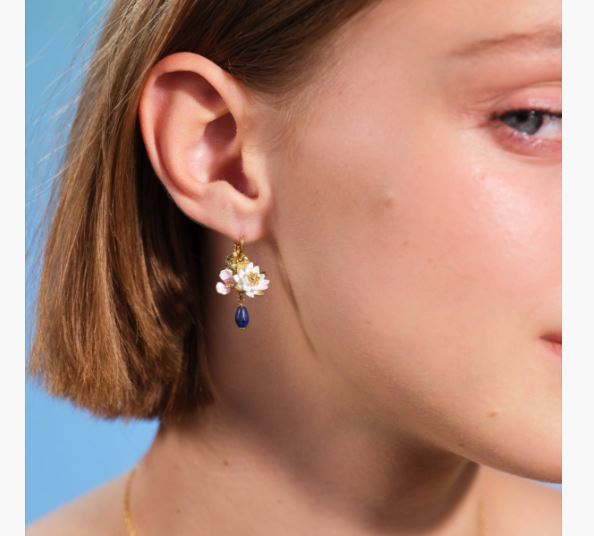 WHITE WATER LILY AND LAPIS LAZULI SLEEPER EARRINGS