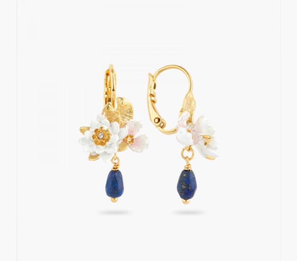 WHITE WATER LILY AND LAPIS LAZULI SLEEPER EARRINGS