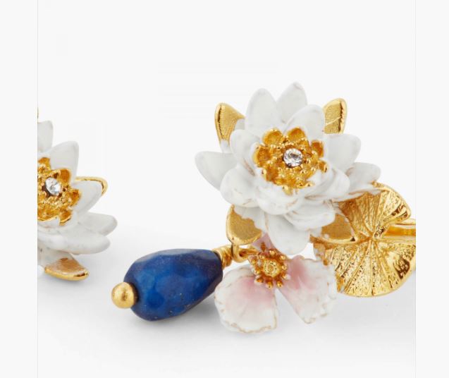 WHITE WATER LILY AND LAPIS LAZULI SLEEPER EARRINGS