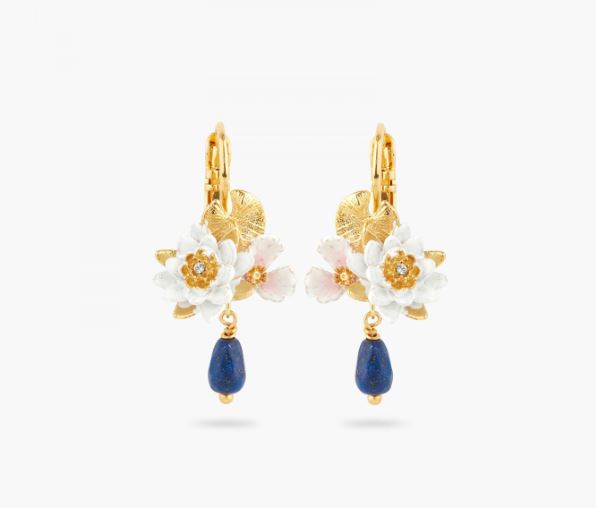 WHITE WATER LILY AND LAPIS LAZULI SLEEPER EARRINGS