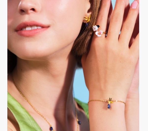 WHITE WATER LILY ON BLUE STONE AND PINK WATER PLANTAIN ADJUSTABLE RING
