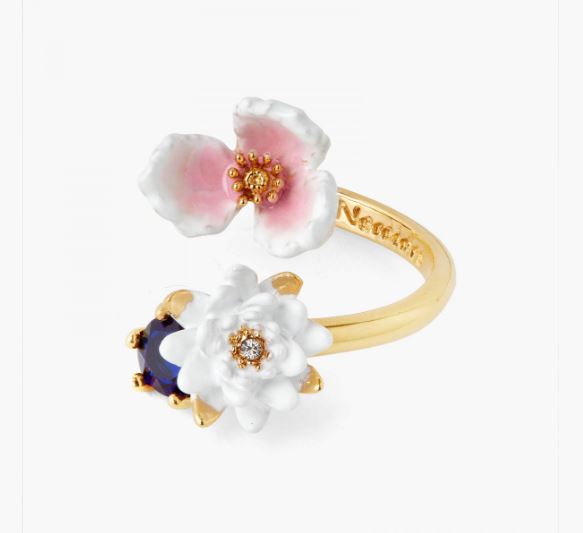 WHITE WATER LILY ON BLUE STONE AND PINK WATER PLANTAIN ADJUSTABLE RING