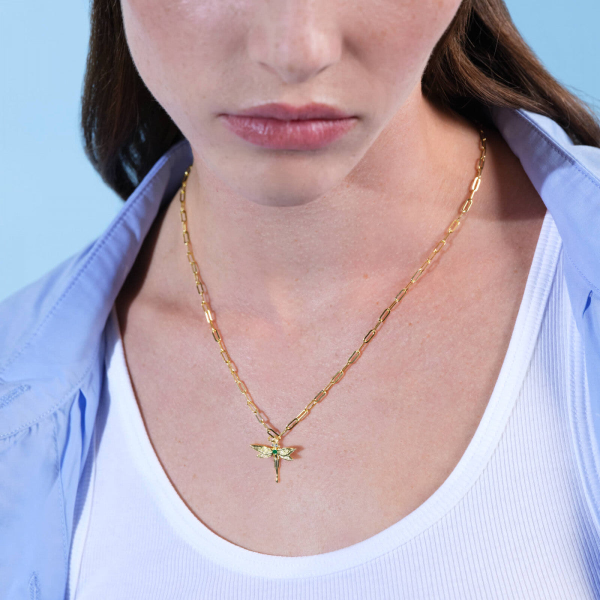 GOLDEN DRAGONFLY AND RECTANGLE LINK CHAIN NECKLACE