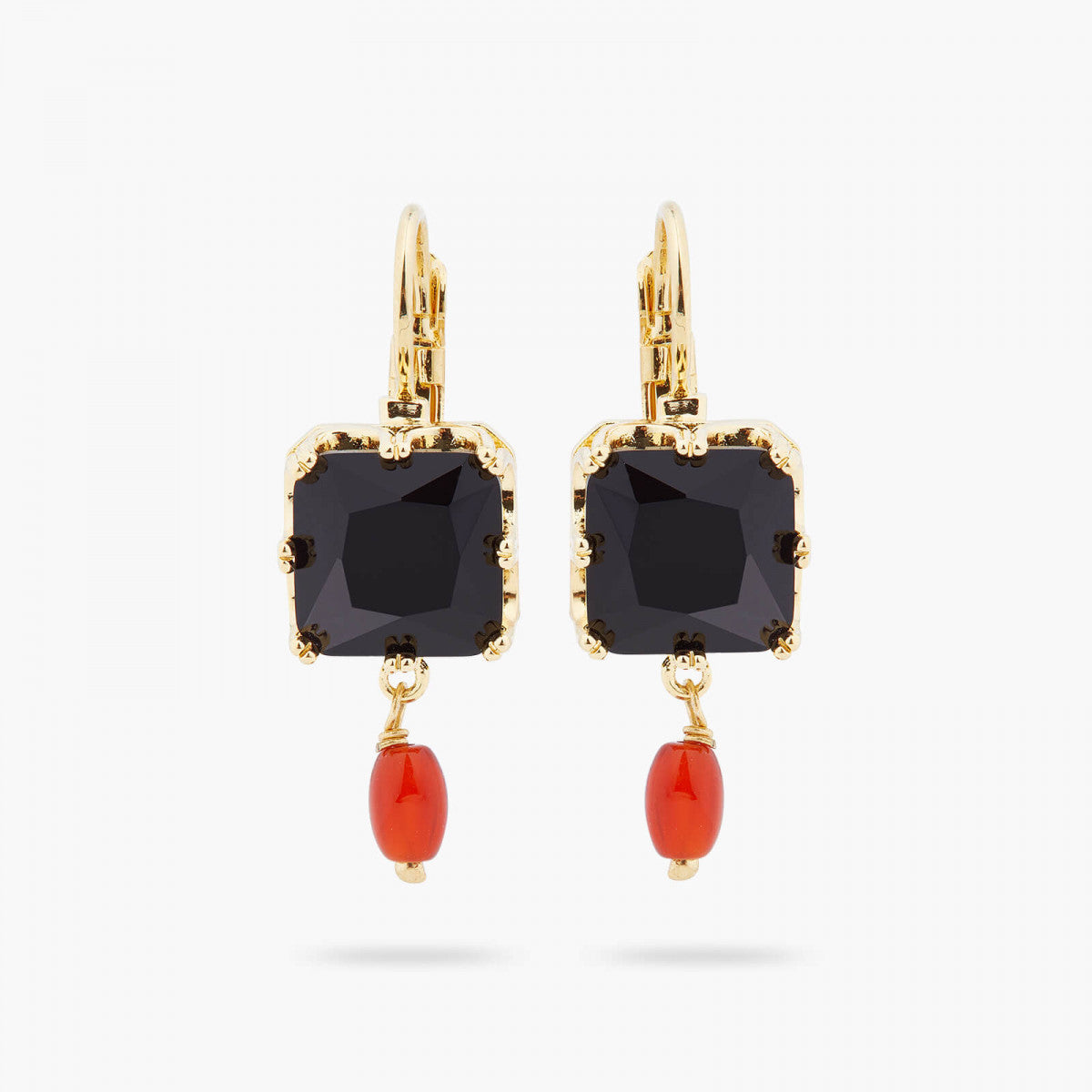BLACK SQUARE STONE AND BEAD SLEEPER EARRINGS