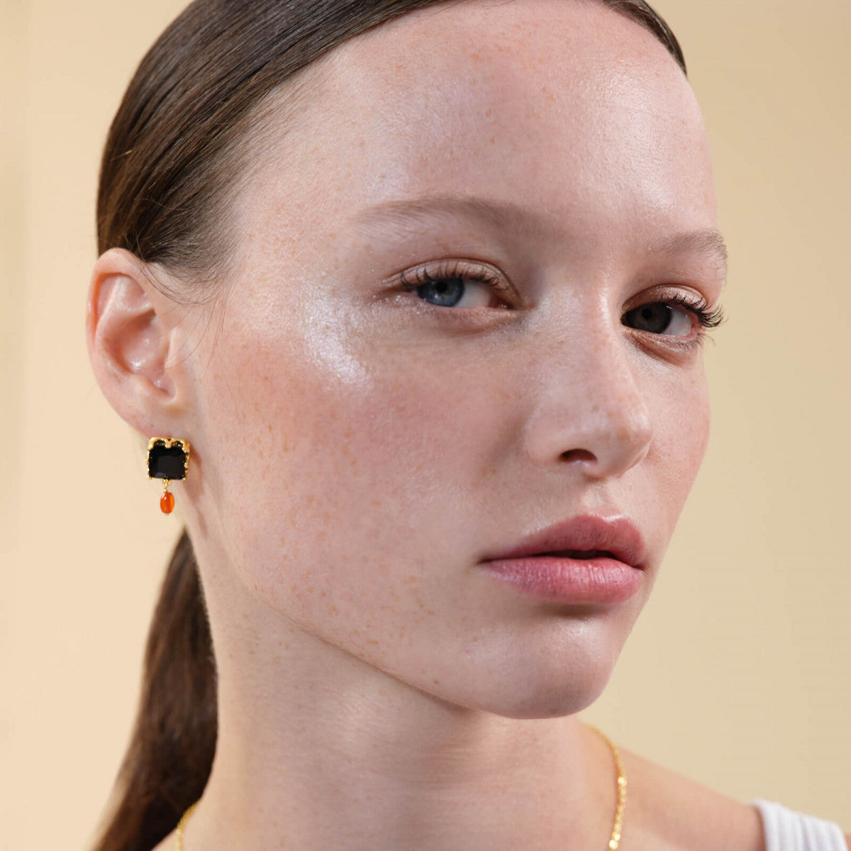 BLACK SQUARE STONE AND BEAD SLEEPER EARRINGS