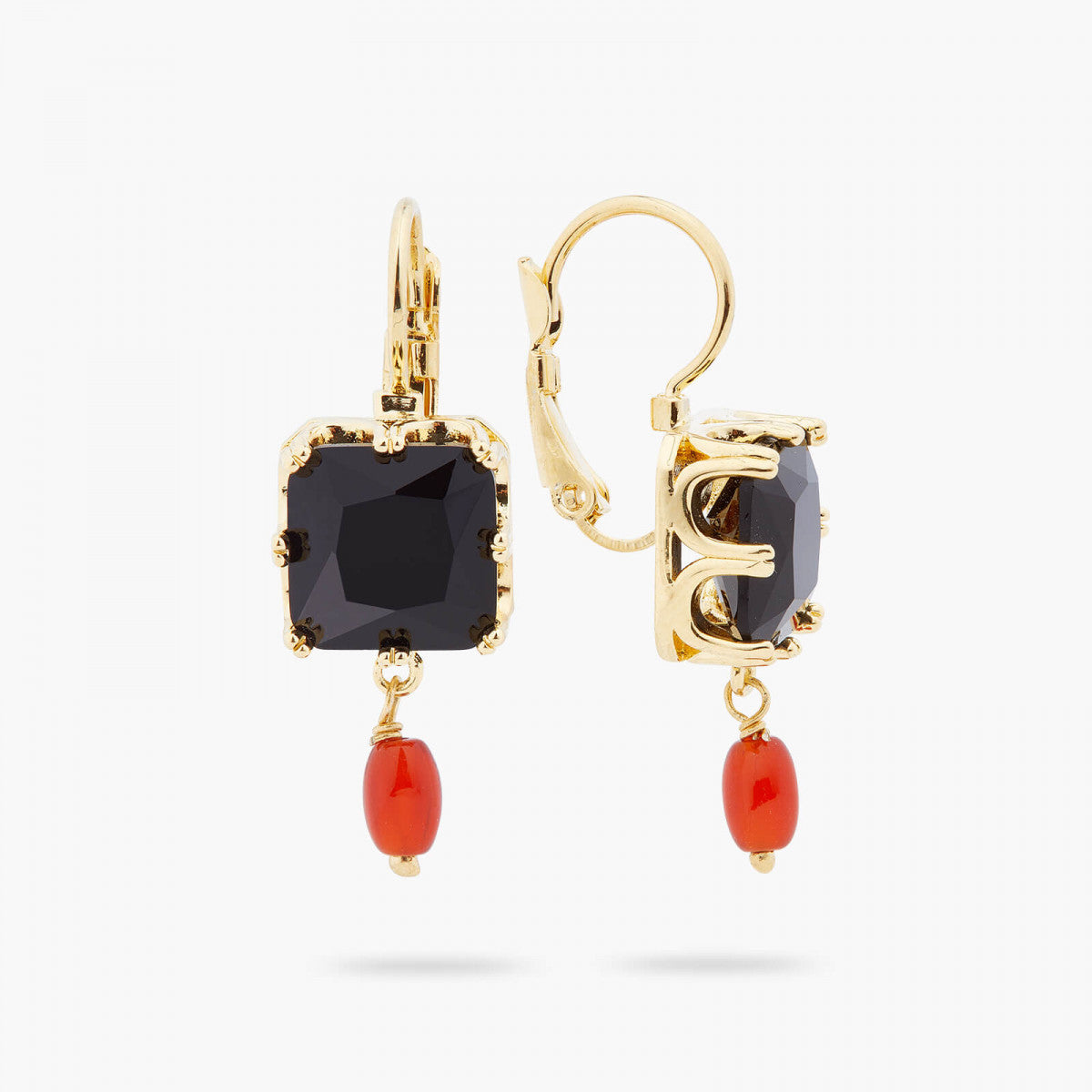 BLACK SQUARE STONE AND BEAD SLEEPER EARRINGS