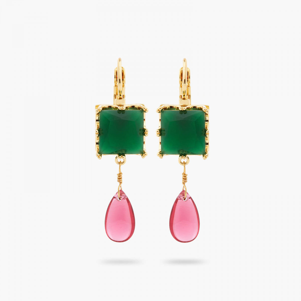 GREEN SQUARE STONE AND BEAD SLEEPER EARRINGS