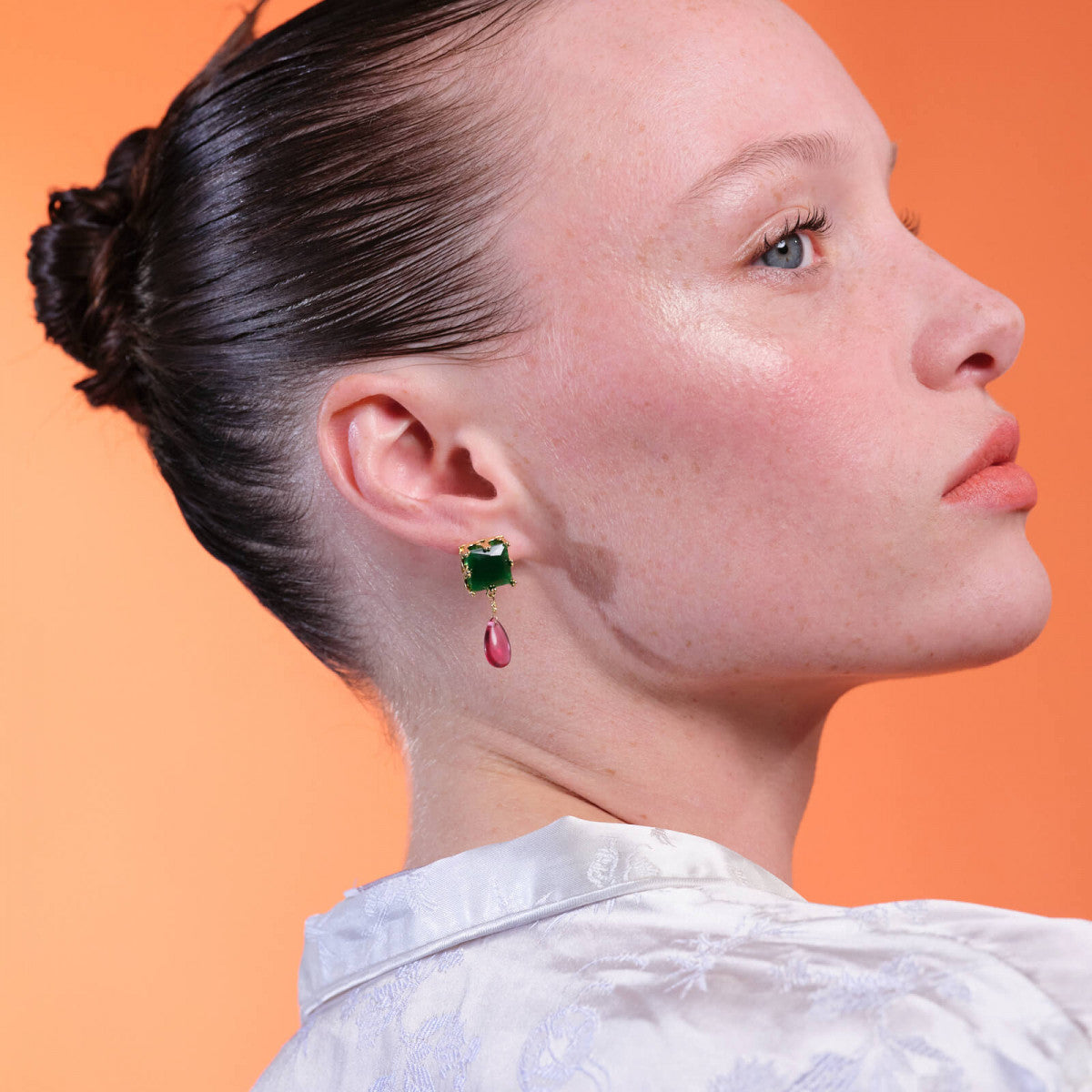 GREEN SQUARE STONE AND BEAD SLEEPER EARRINGS