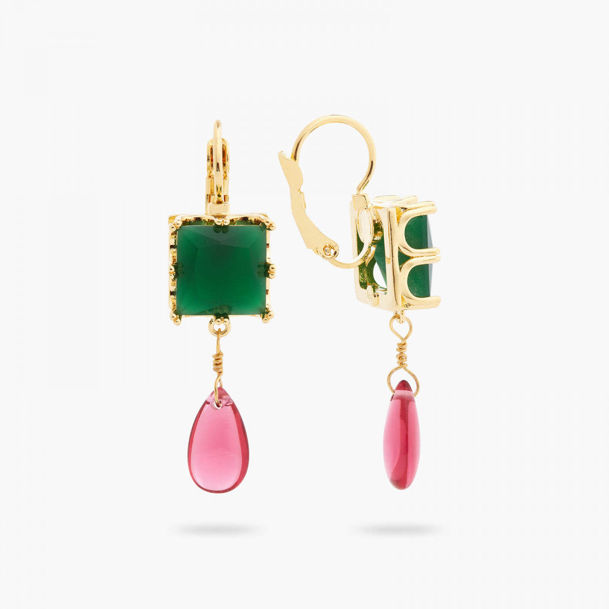 GREEN SQUARE STONE AND BEAD SLEEPER EARRINGS