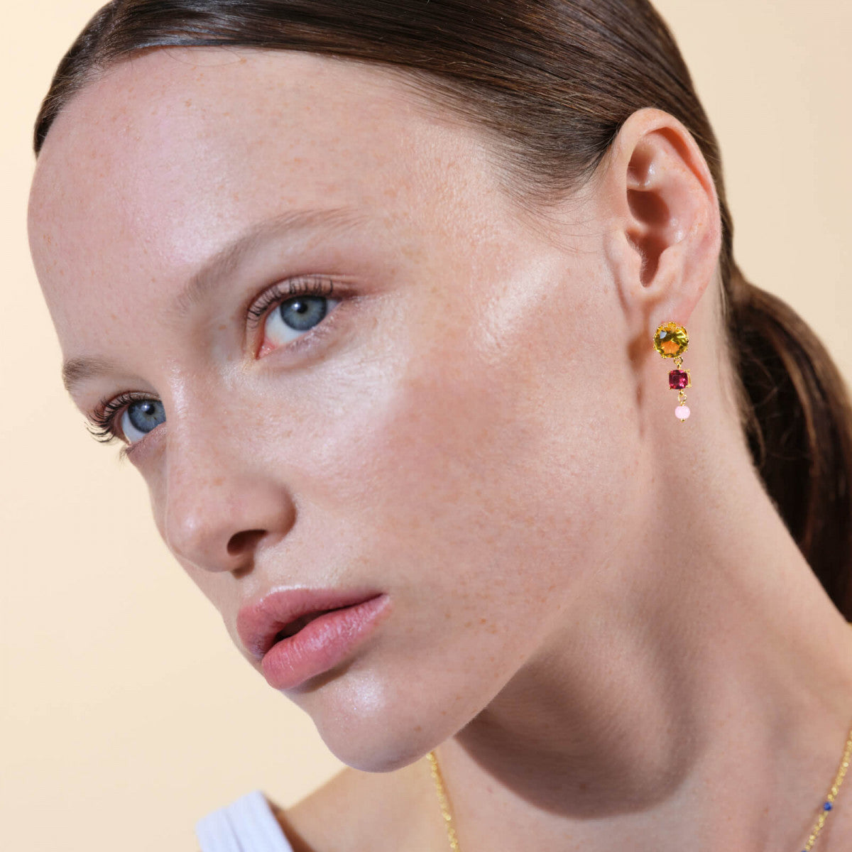 ROUND AND SQUARE STONE POST EARRINGS